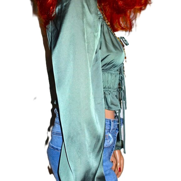 Mixed Threads Hunter Green Peasant Crop Blouse S - Picture 5 of 6